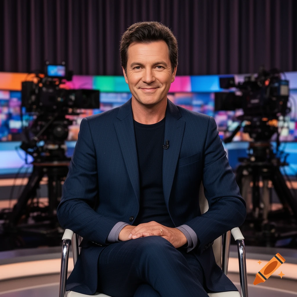 A smiling man in a dark blue suit sits in a television studio with cameras and colorful screens in the background.