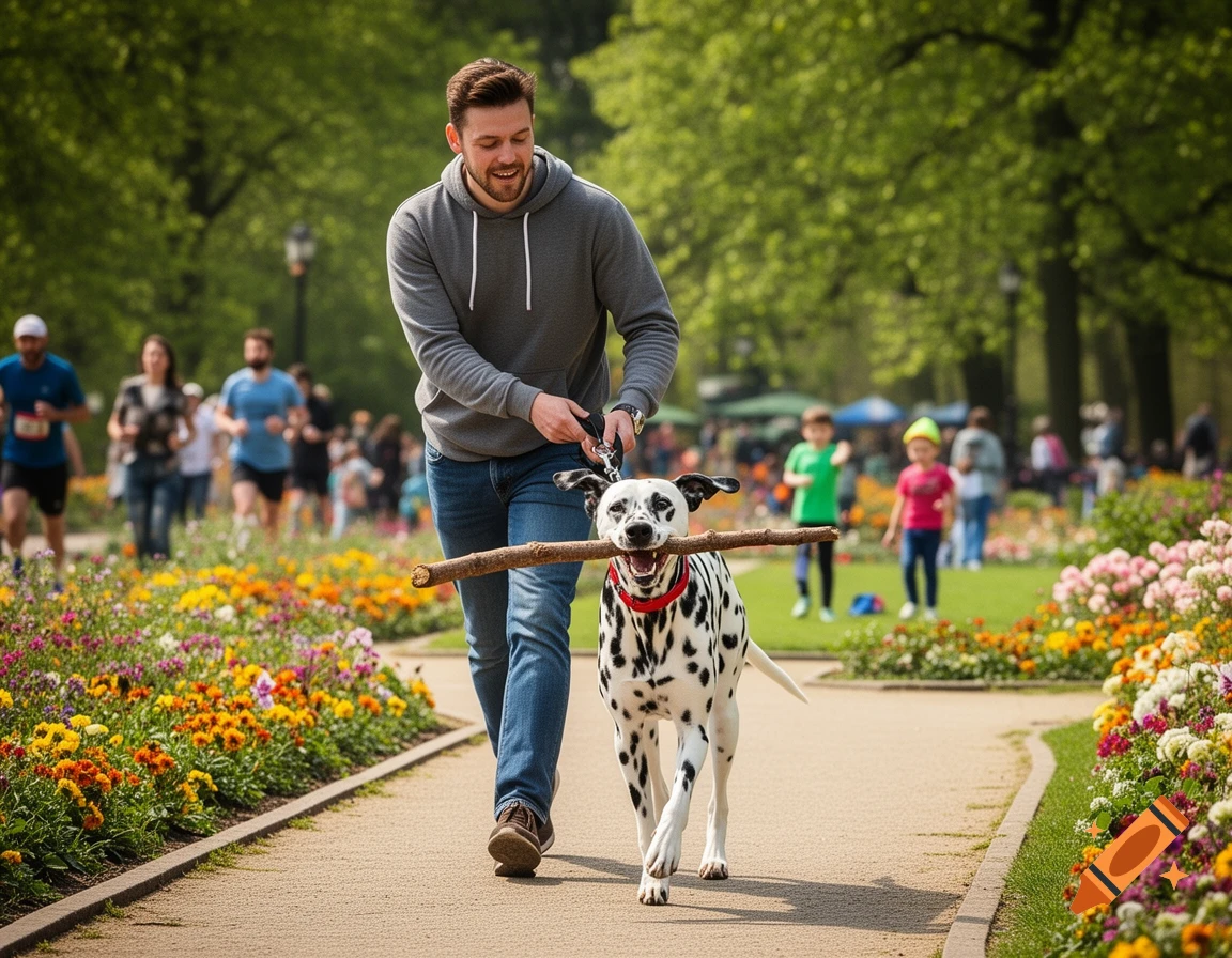 A smiling man walks a Dalmatian carrying a stick on a leash through a sunny park path lined with colorful flowers.