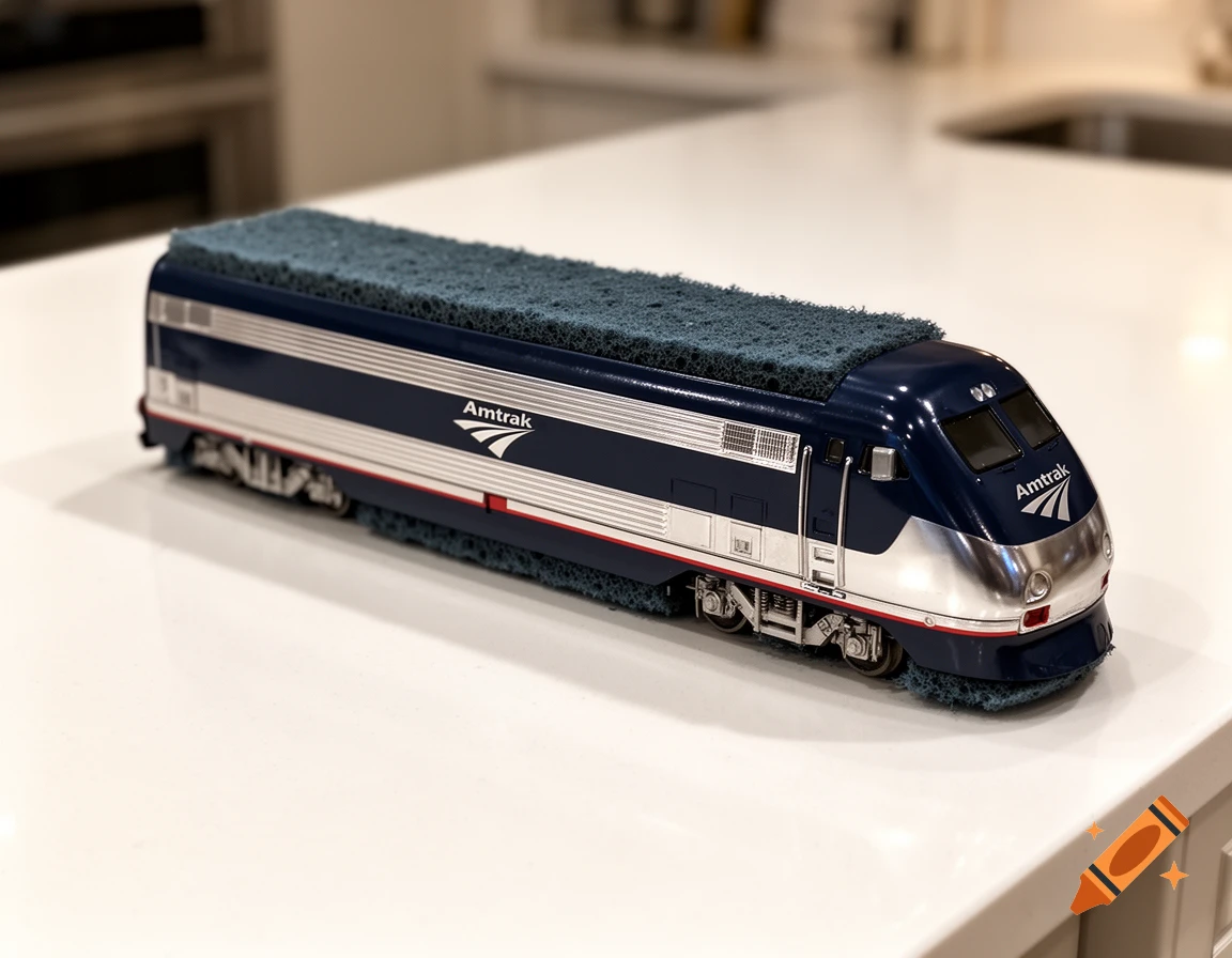 A realistic blue and silver Amtrak locomotive kitchen sponge sits on a clean white countertop.