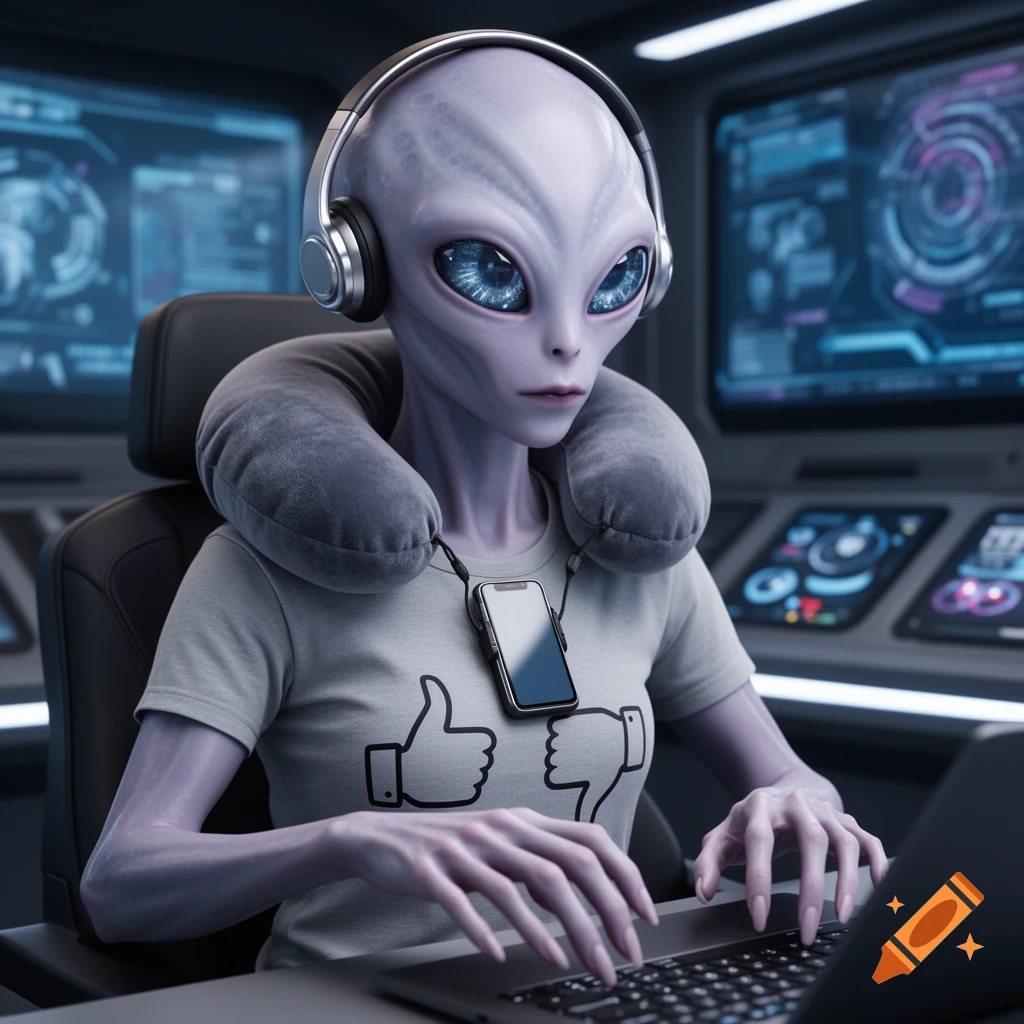 An alien with large blue eyes and headphones sits at a laptop, wearing a neck pillow and a t-shirt with thumbs up and down symbols.