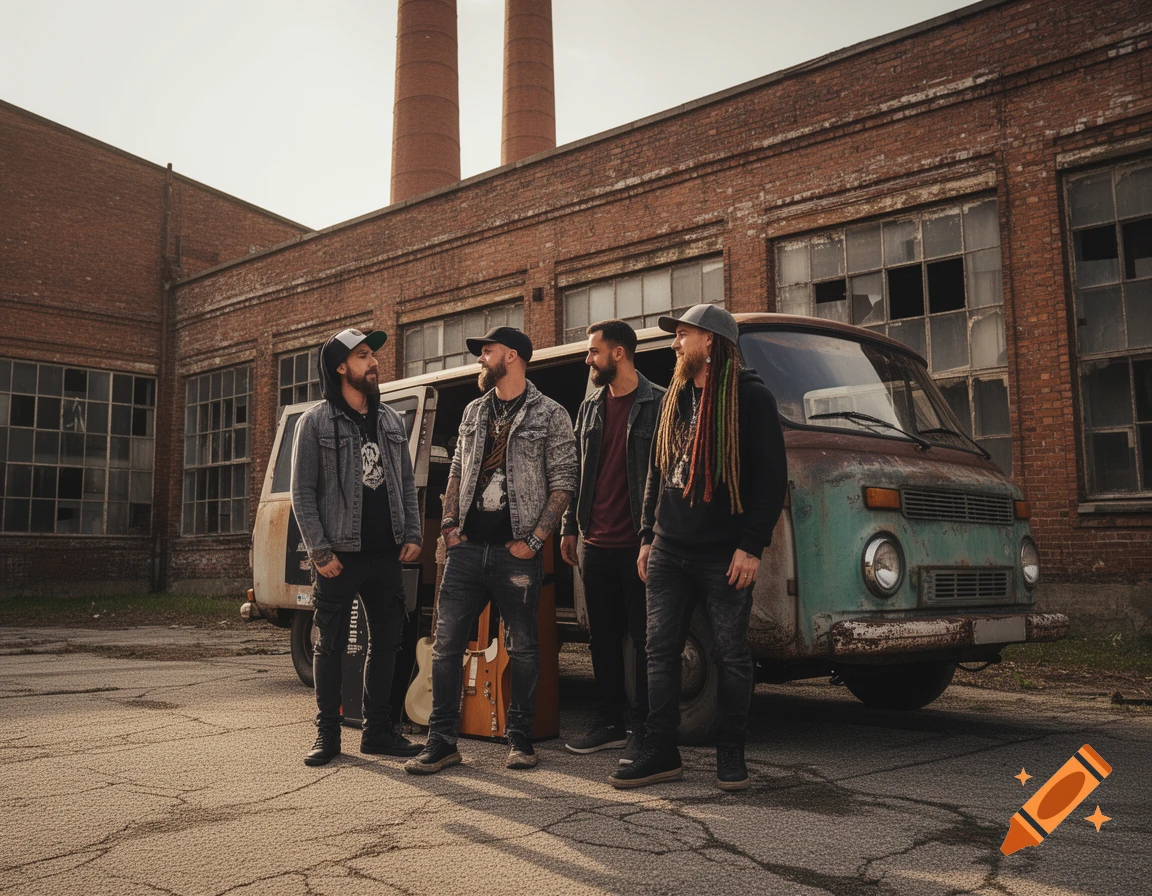 A rock band of four men stands in front of a rusty van and an old brick factory with two smokestacks.