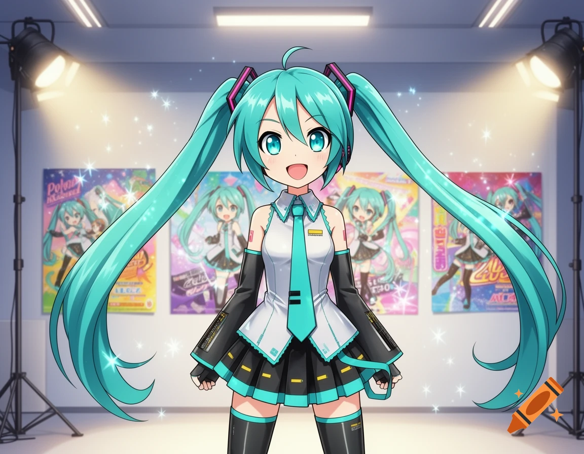 Hatsune Miku, an anime character with long turquoise pigtails, smiles in a studio setting with spotlights and posters.