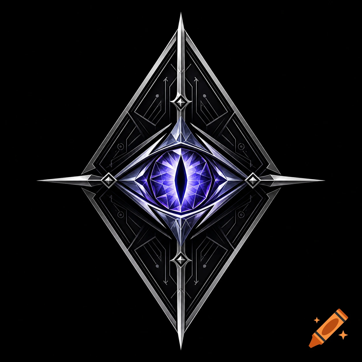 A dark fantasy logo featuring a sharp silver diamond with a glowing, faceted violet-blue crystal eye at its center.