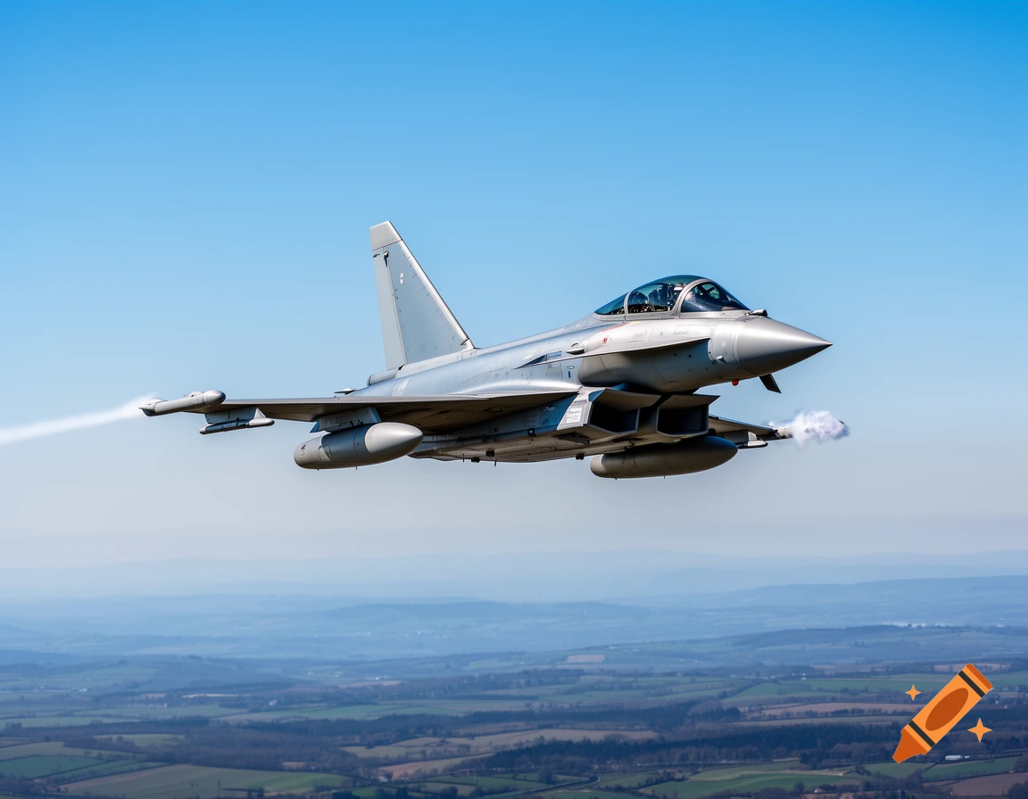 Grey Eurofighter Typhoon jet flying high against a clear blue sky over a green and brown landscape.