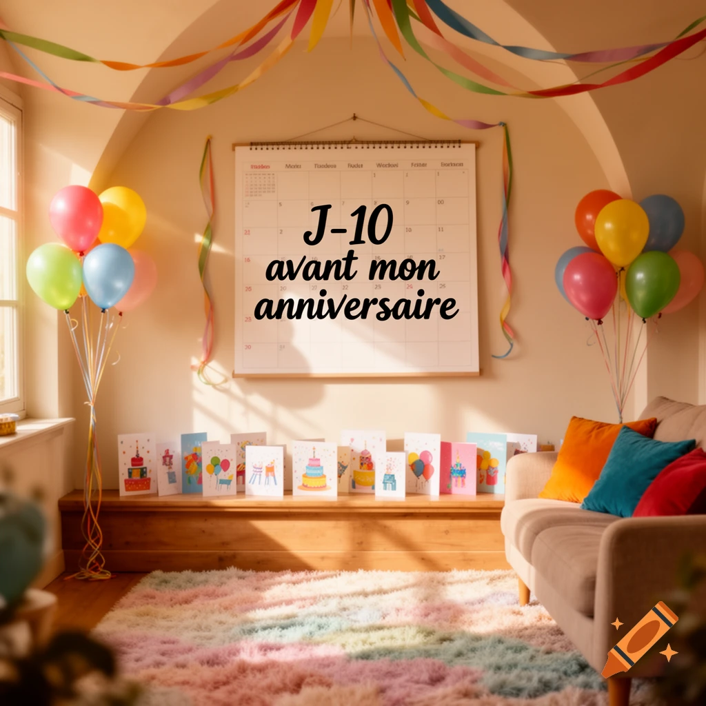 A cozy room decorated for a birthday with colorful balloons, streamers, and greeting cards. A calendar on the wall reads "J-10 avant mon anniversaire."