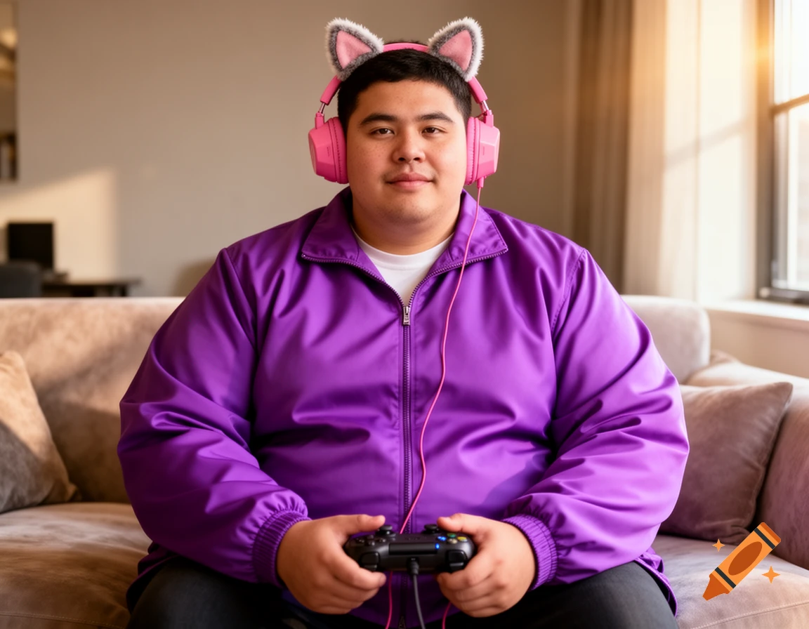 An overweight person in a purple jacket and pink cat-ear headphones, holding a game controller and smiling.
