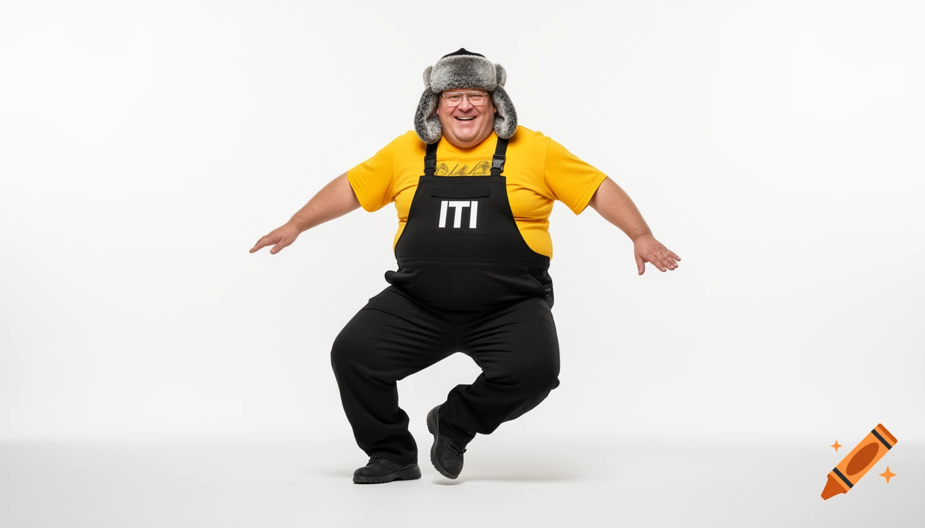 A smiling, older man with a large belly, wearing a yellow shirt, black overalls with "ITI" logo, wire-rim glasses, and a Russian Ushanka hat, breakdancing against a white background.