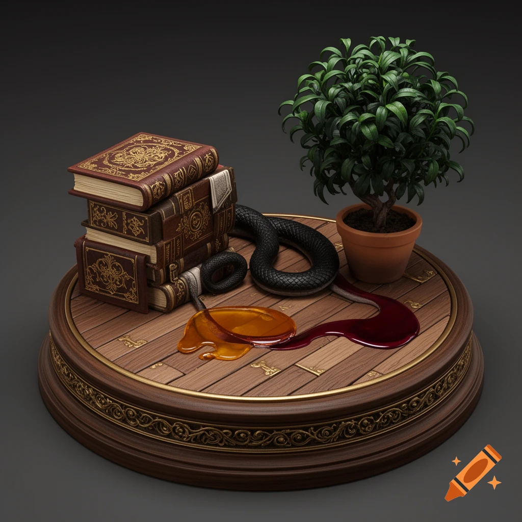 A stylized display base featuring ornate antique books, a black serpent, a potted plant, and spills of amber and ruby-red liquid on a wooden surface.