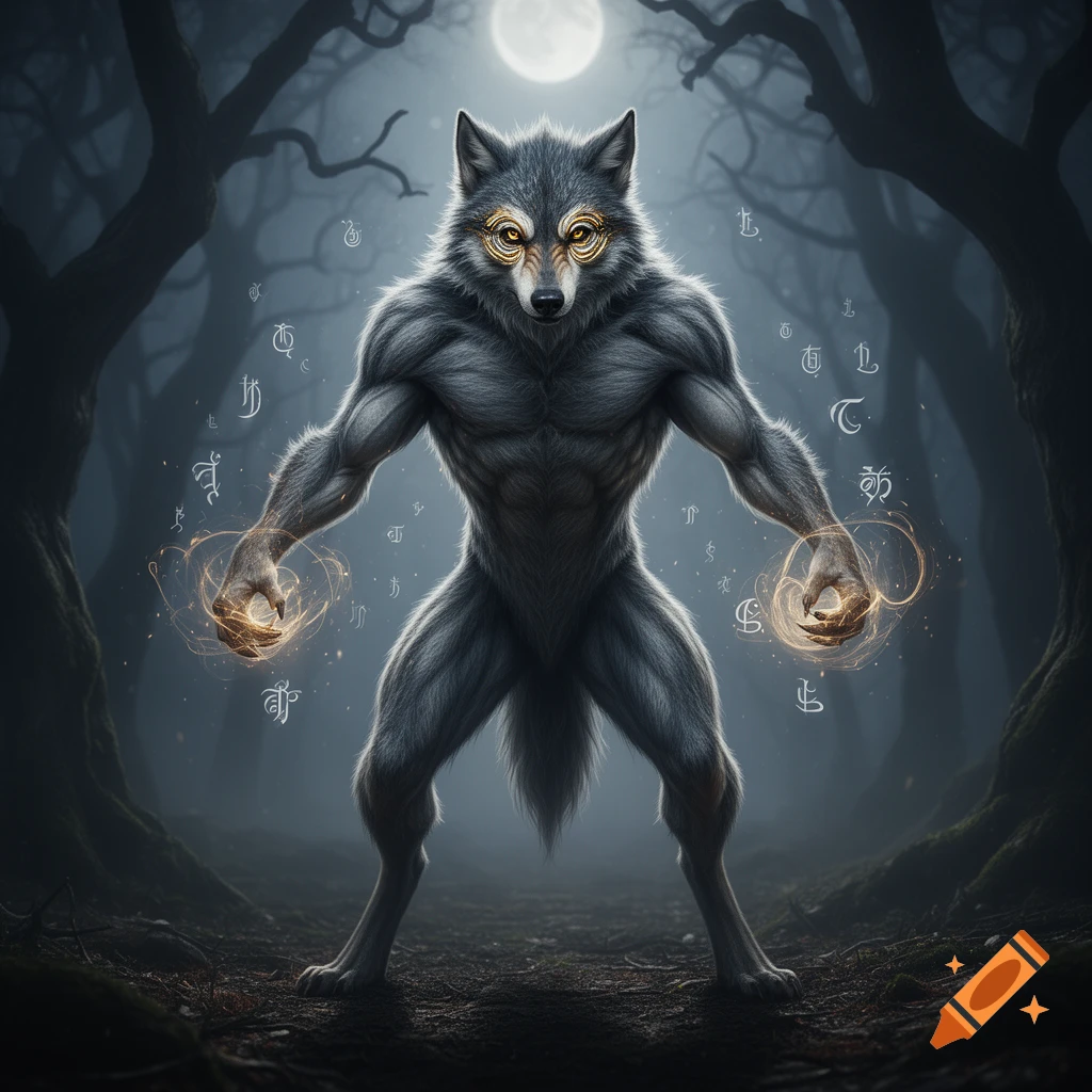 A muscular werewolf with golden goggles for eyes stands in a dark forest under a full moon, conjuring glowing magic between its hands with mystical symbols floating around it.