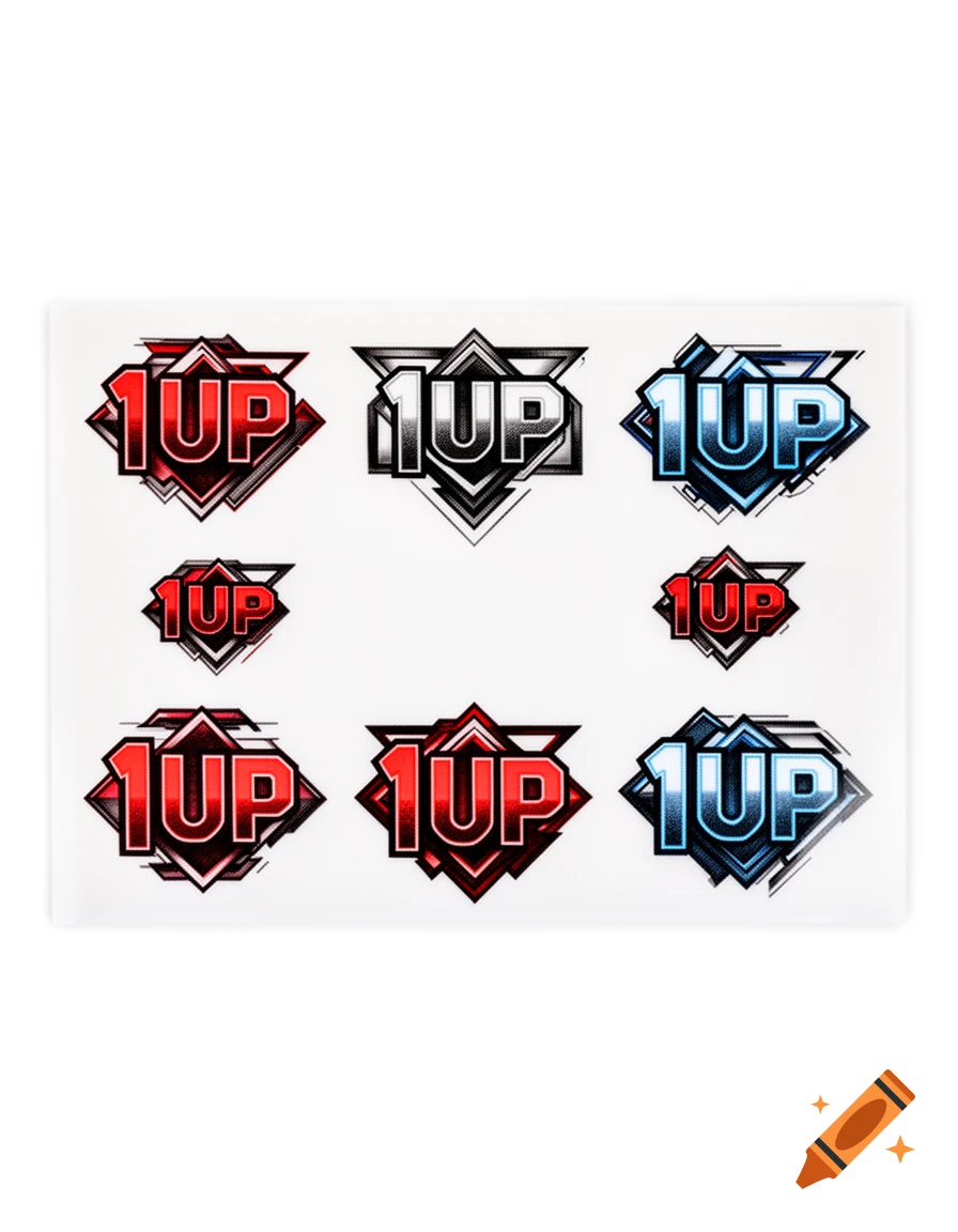 Sheet of stylized '1UP' logos in red, silver, and blue, designed like video game power-ups.