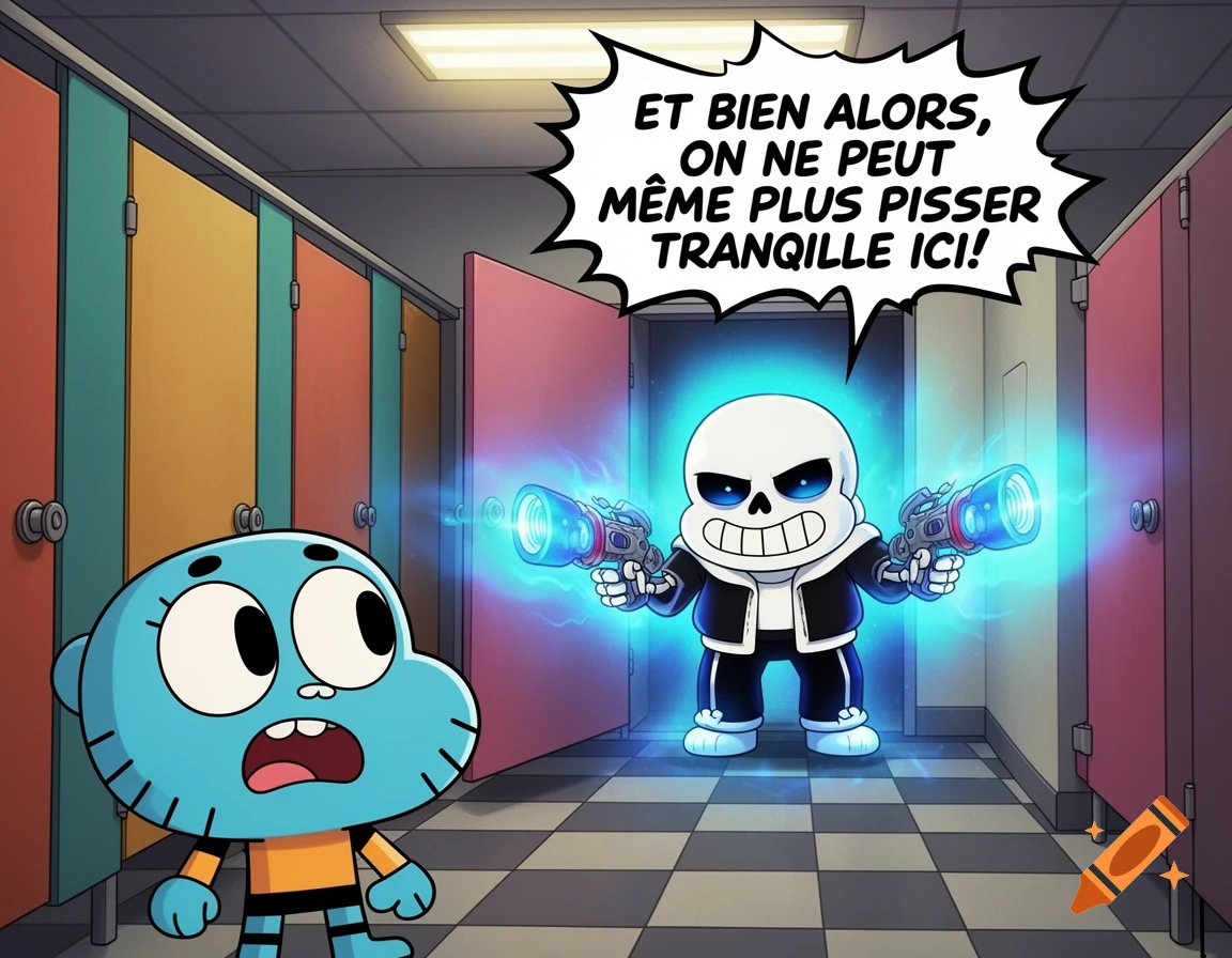 Gumball Watterson looks surprised in a school bathroom as Sans from Undertale, glowing blue, holds blasters and speaks.