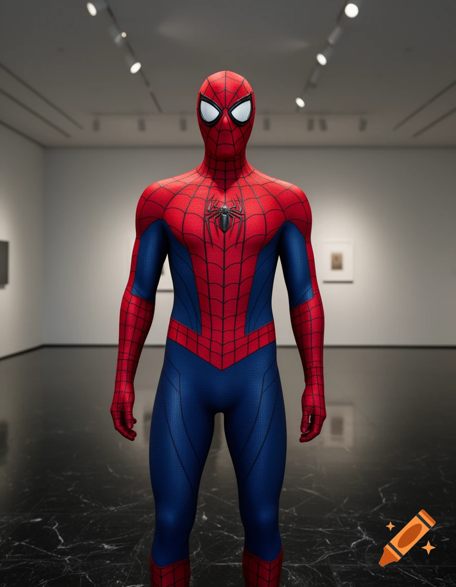 Spider-Man in his iconic red and blue suit stands prominently in a minimalist art museum with reflective floors.