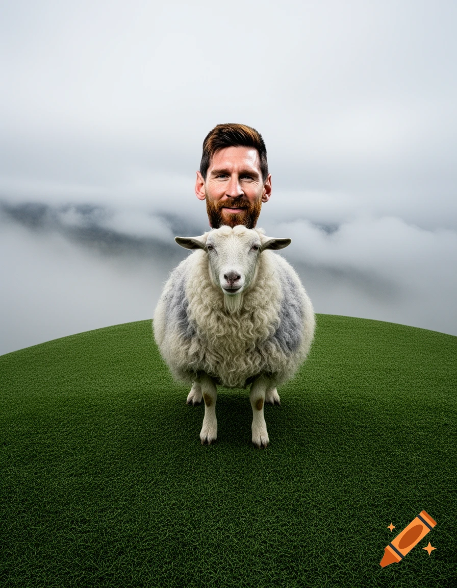 A surreal image of a sheep with Lionel Messi's head, standing on a green hill under a foggy sky.