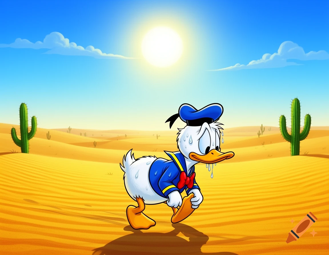 Cartoon Donald Duck, looking exhausted and sweating, walks through a hot desert with cactuses under a bright sun.