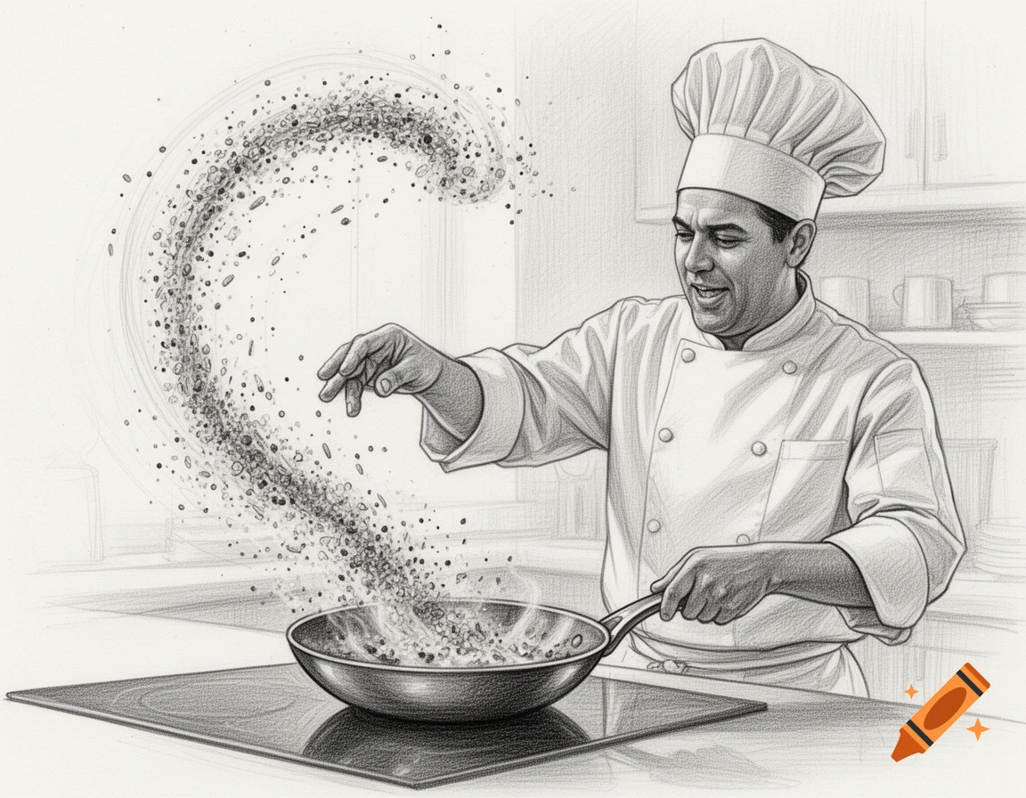 A pencil sketch of a chef in a toque and uniform, tossing spices from his hand into a sizzling frying pan on a stovetop.