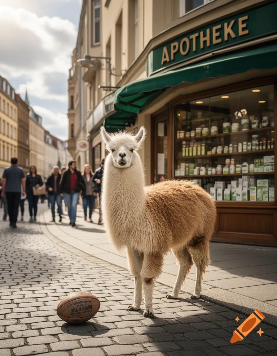A fluffy llama stands on a cobblestone street with a rugby ball nearby, in front of an 'APOTHEKE' building under a cloudy sky.