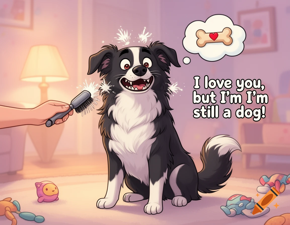 A cartoon border collie with a wide grin is being brushed by a human hand, with a thought bubble above its head.