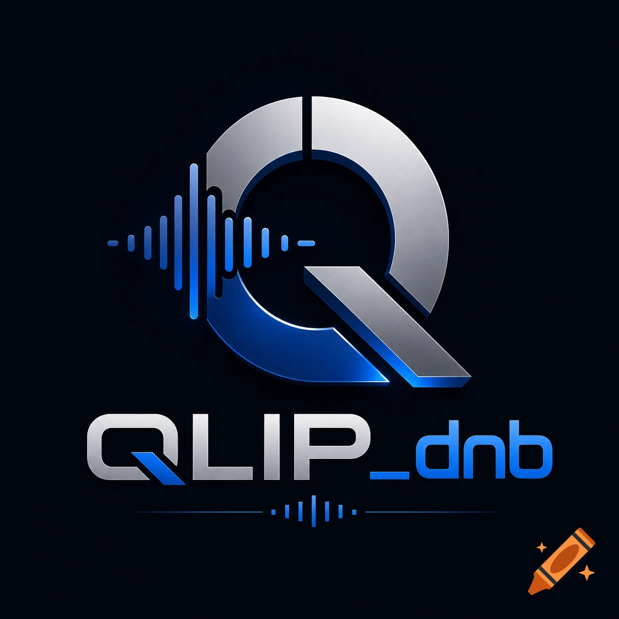Metallic and blue logo featuring a stylized 'Q' with sound waves, above the text 'QLIP_dnb'.