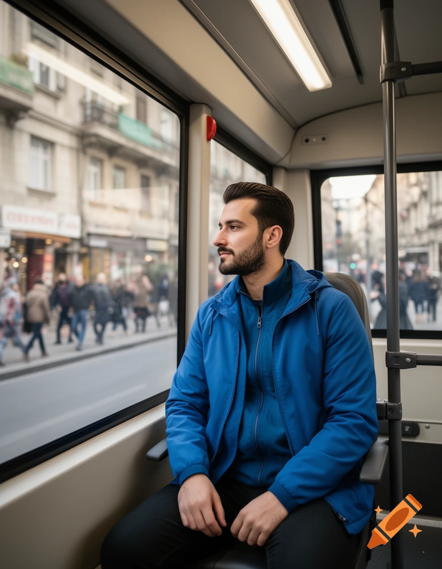 A man with a light beard and dark hair sits on a bus, looking out the window at a blurry city street. Photorealistic style.