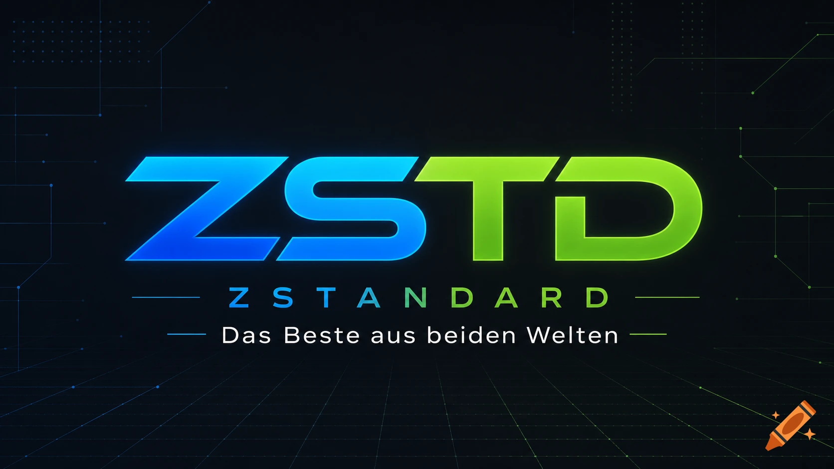 A modern, sleek technology logo featuring 'ZSTD' in blue and green, with 'ZSTANDARD' and 'Das Beste aus beiden Welten' on a dark digital grid background.
