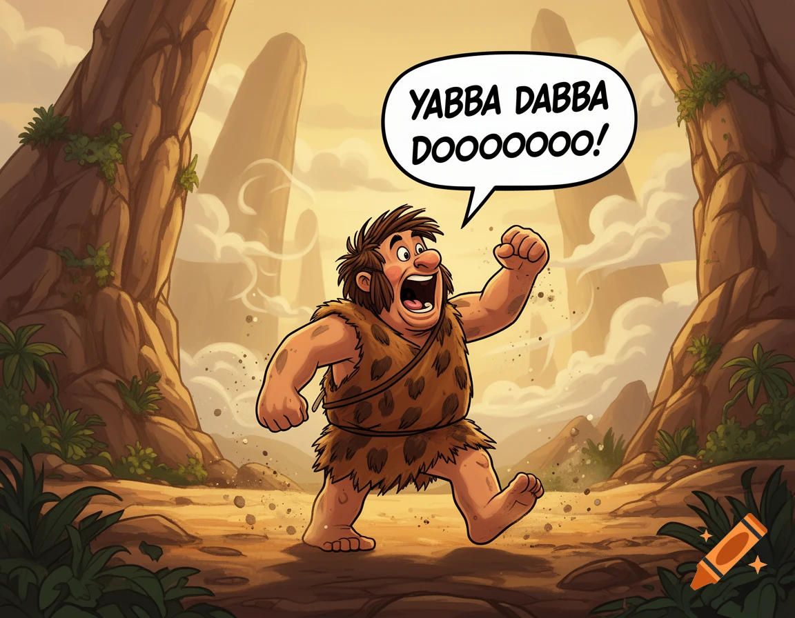 Cartoon caveman in a spotted fur outfit shouts "YABBA DABBA DOOOOO!" in a speech bubble, running through a rocky, prehistoric landscape.