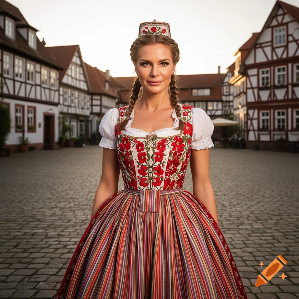 A woman in a traditional German dress with a red floral bodice and striped skirt stands in a cobblestone square in front of half-timbered buildings.