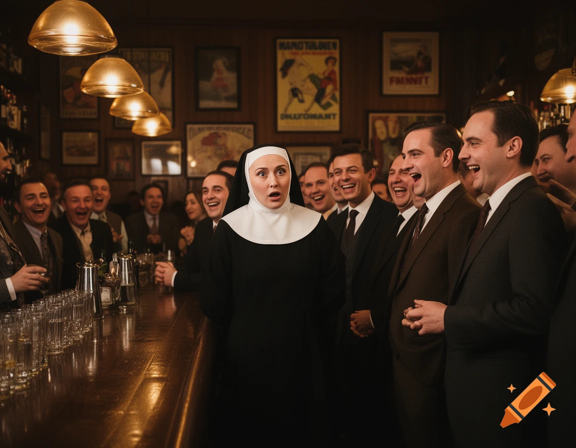 A surprised nun stands at a bar counter, surrounded by laughing men in suits, in a photorealistic style.