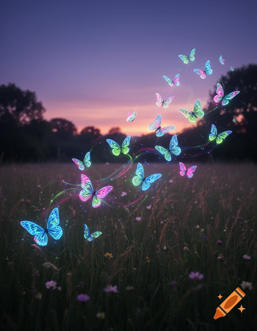 Numerous glowing, neon-colored butterflies fly above a grassy field at dusk under a purple and orange sky.