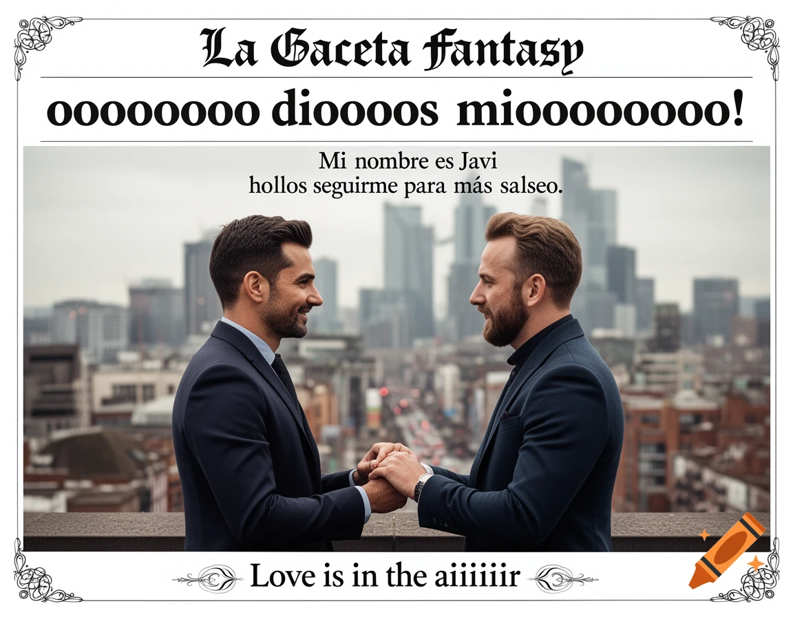 Two men in suits holding hands on a rooftop with a city skyline, framed by a newspaper-style border with headlines and text, including 'La Gaceta Fantasy' and 'Love is in the air'.