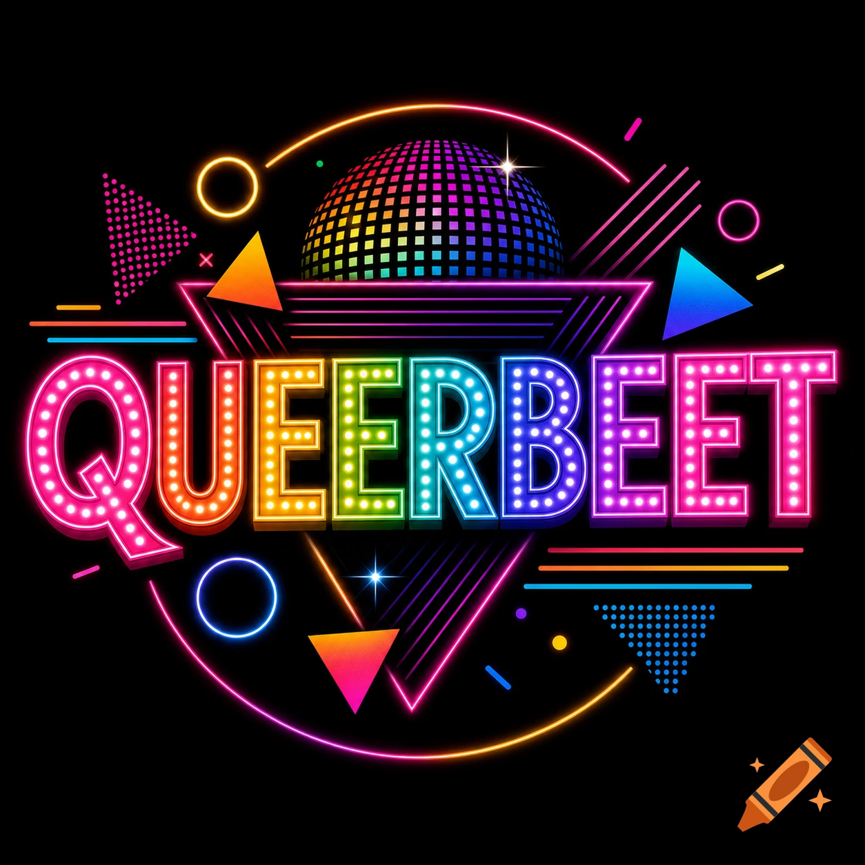 A vibrant neon and rainbow 'QUEERBEET' logo with a disco ball and geometric shapes on a black background.