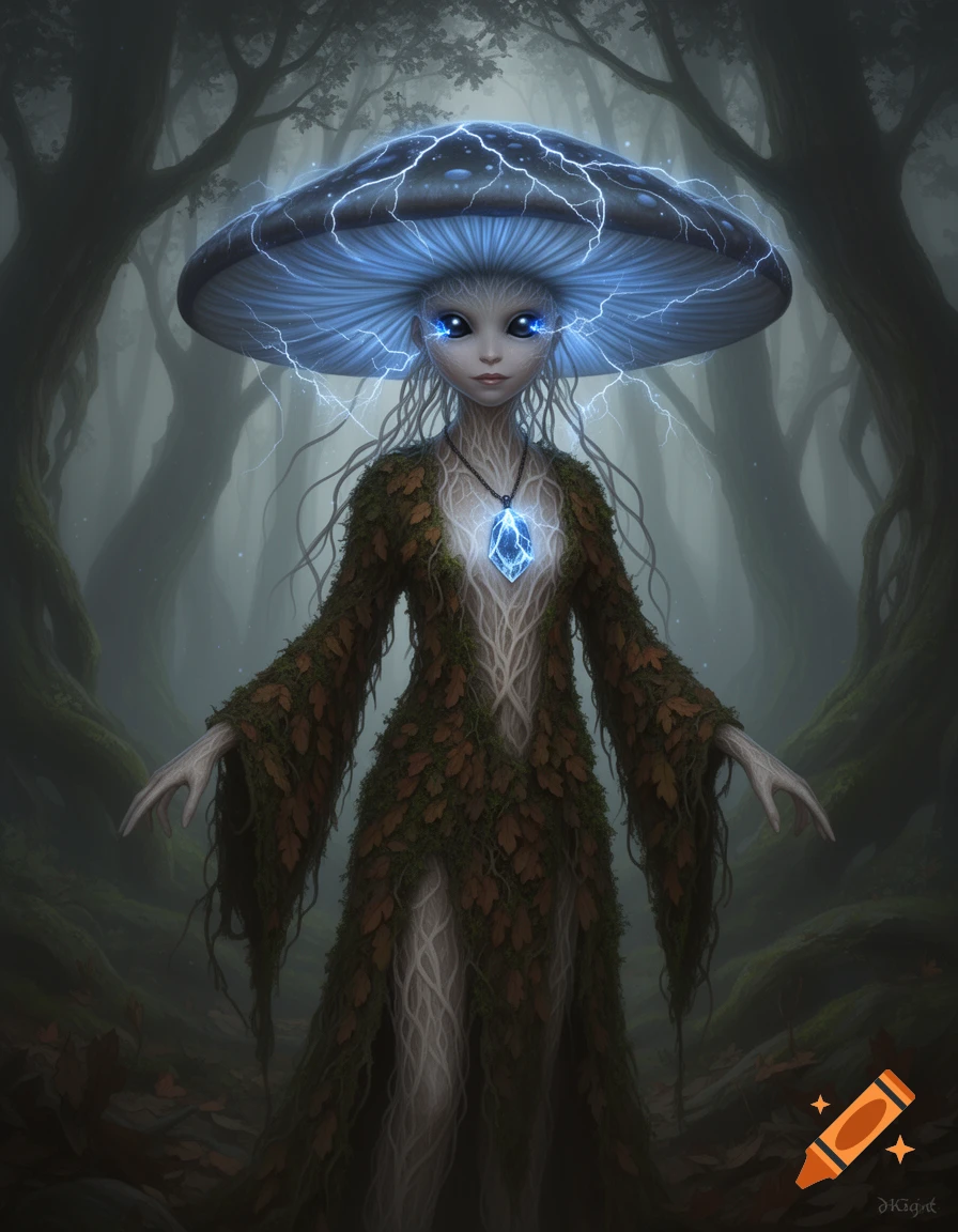 Fantasy art of a mushroom-person sorcerer with a bioluminescent cap, wearing moss and leaf robes, holding a glowing amulet in an enchanted forest.