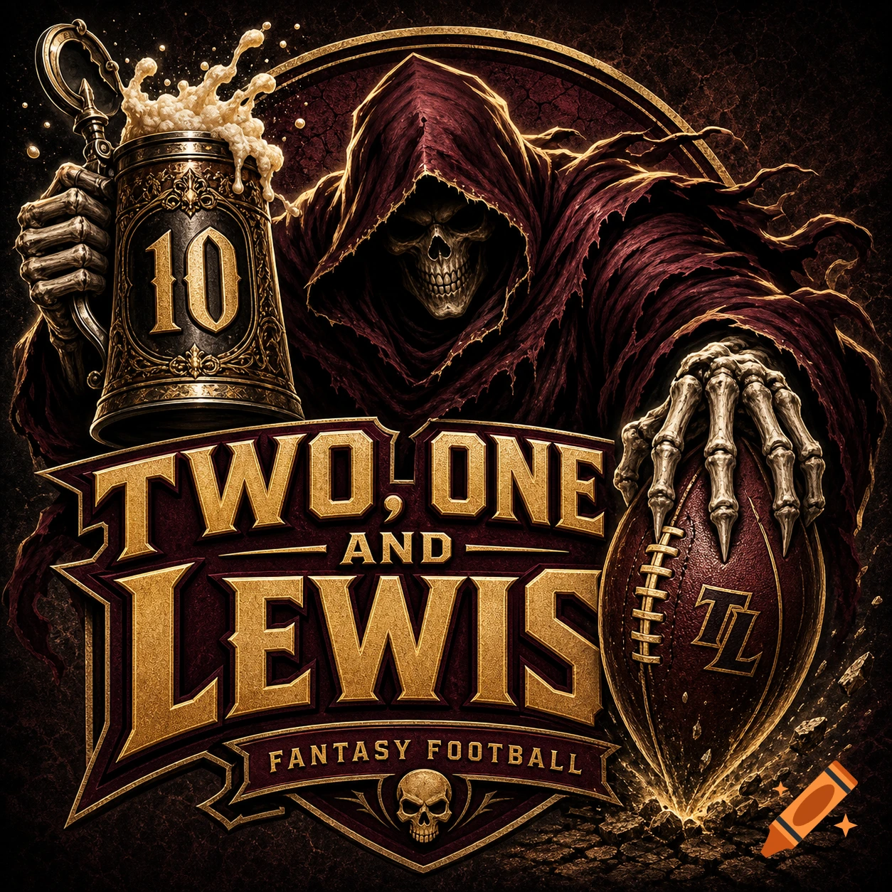 A fantasy football logo featuring a grim reaper holding a foaming beer mug with '10' and a football. Text reads 'TWO, ONE AND LEWIS FANTASY FOOTBALL'.