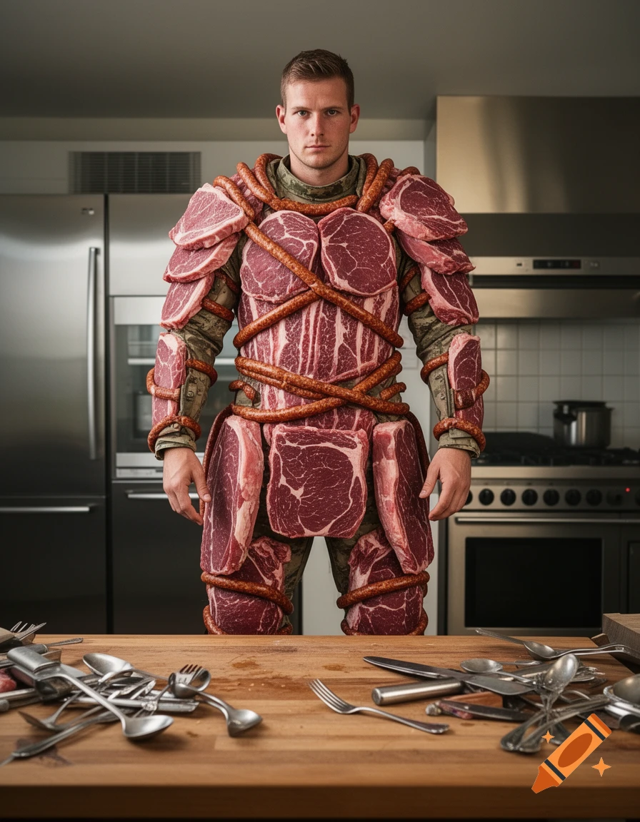 A man wearing an elaborate armor suit made of raw meat steaks and sausages stands in a modern kitchen behind a wooden countertop covered with cutlery, photorealistic.