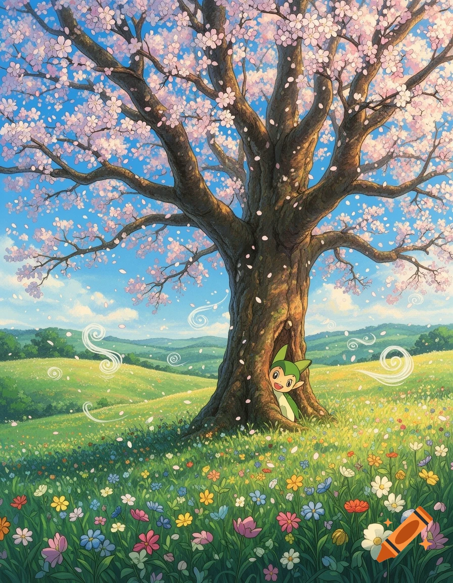 A cute green creature peeks from a cherry blossom tree in a vibrant Ghibli-style meadow with wildflowers under a blue sky.