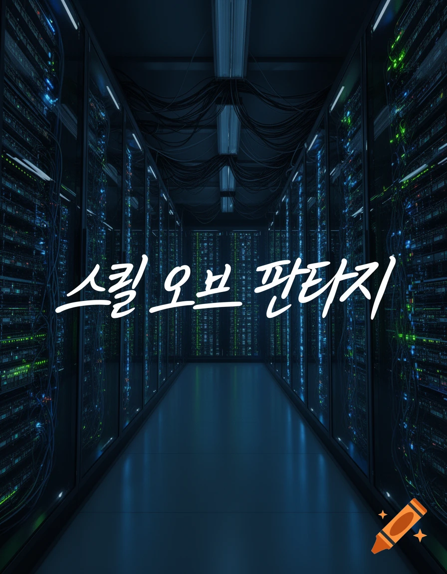 White Korean script text '스킬 오브 판타지' (Skill of Fantasy) in a dimly lit, futuristic server room with glowing green and blue server racks.