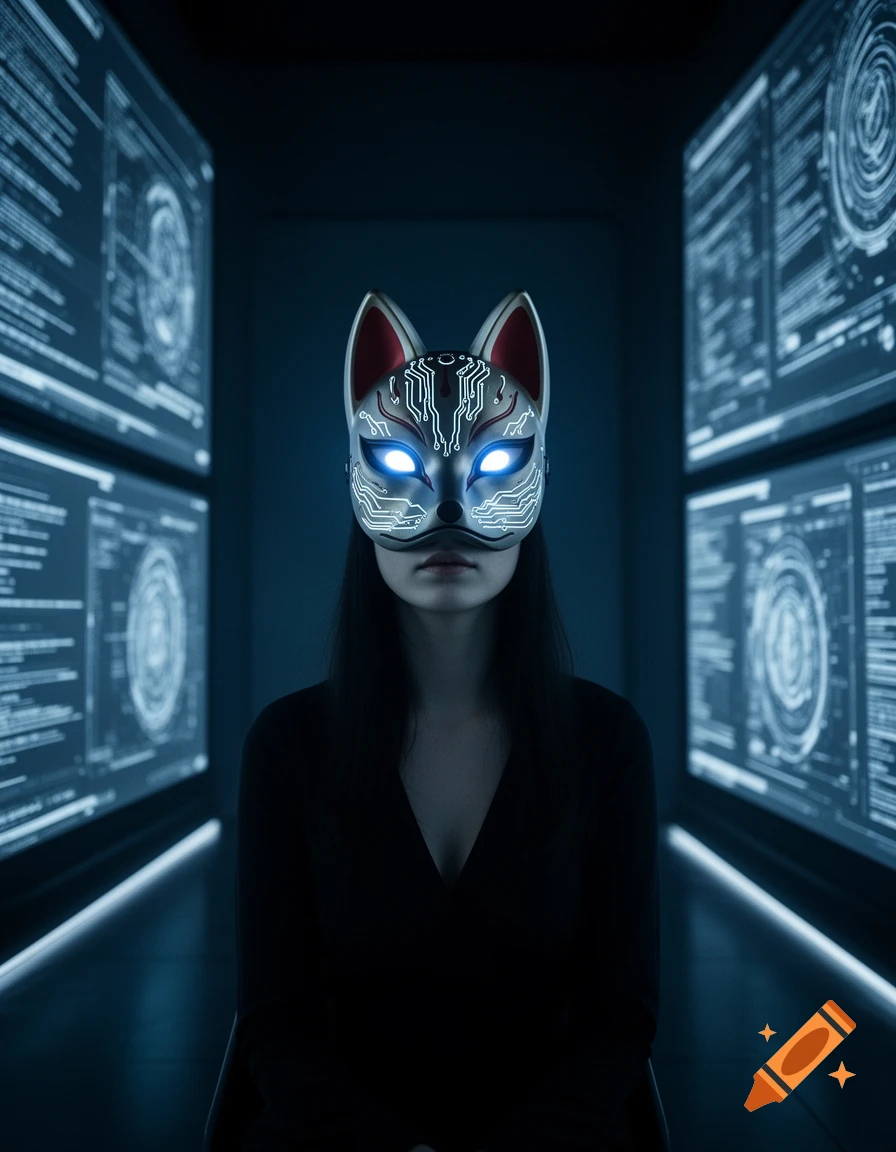 A woman in a futuristic kitsune mask with glowing eyes sits in a dark room surrounded by blue glowing screens displaying data.
