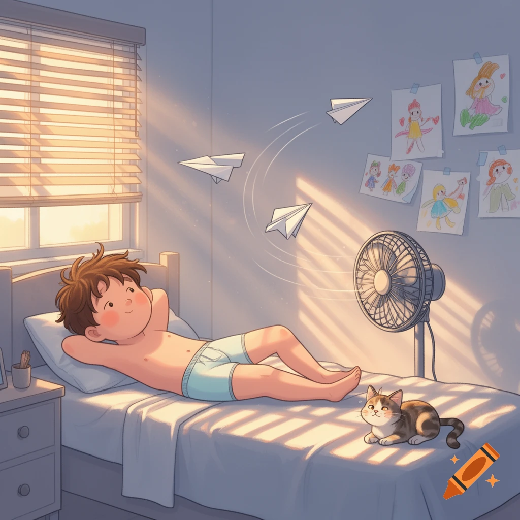 A cartoon boy in briefs relaxes in bed with a cat nearby, as paper airplanes fly in a sunlit bedroom.