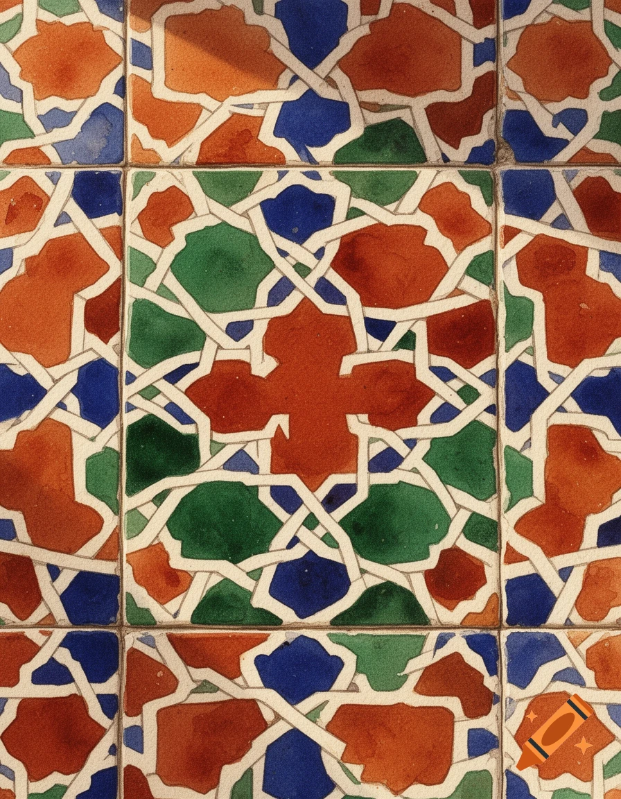 Close-up watercolor painting of a traditional Moroccan zellige mosaic with intricate geometric patterns in terracotta, blue, green, and white.
