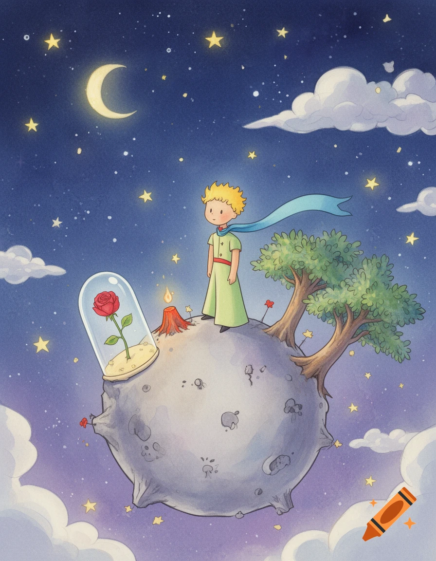 The Little Prince in a green outfit stands on his asteroid, featuring a bell-jarred rose, a volcano, and a tree, under a starry night sky.
