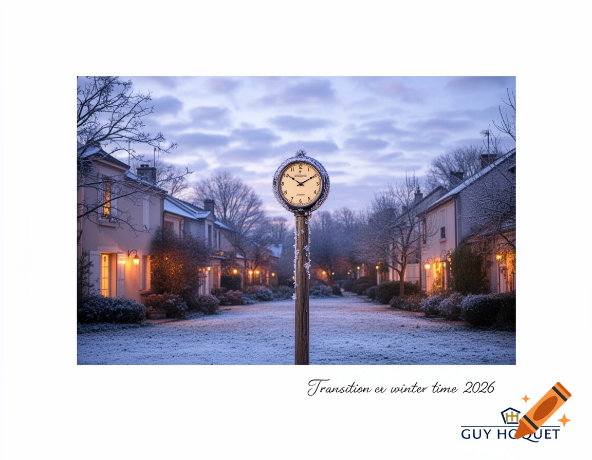 A snowy street in a charming village at dusk, with cozy lights emanating from houses and a prominent clock post in the foreground. Text: Transition en winter time 2026, Guy Hoquet.