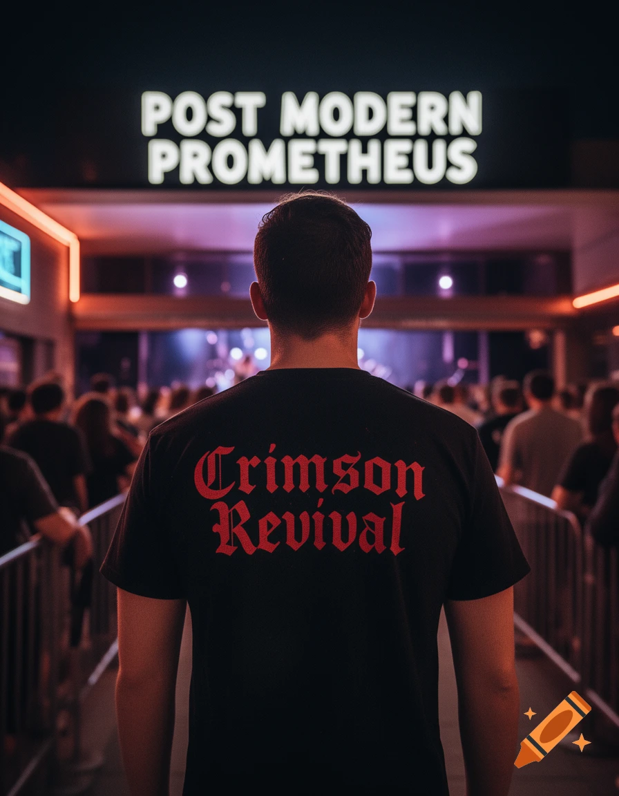 A person from behind wears a 'Crimson Revival' shirt, looking towards a crowded venue under a 'POST MODERN PROMETHEUS' sign.