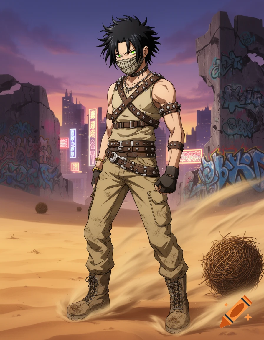Anime guy in desert raider/punk gear, mask, black hair, green eyes, standing in a sandy post-apocalyptic cityscape.