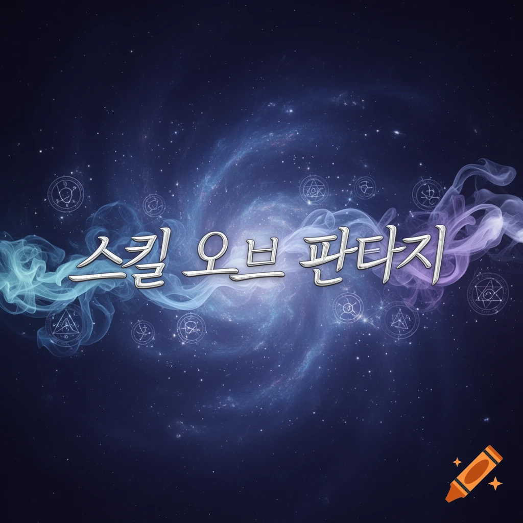 Metallic Korean text '스킬 오브 판타지' over a cosmic background with a purple and blue nebula and glowing magical symbols.