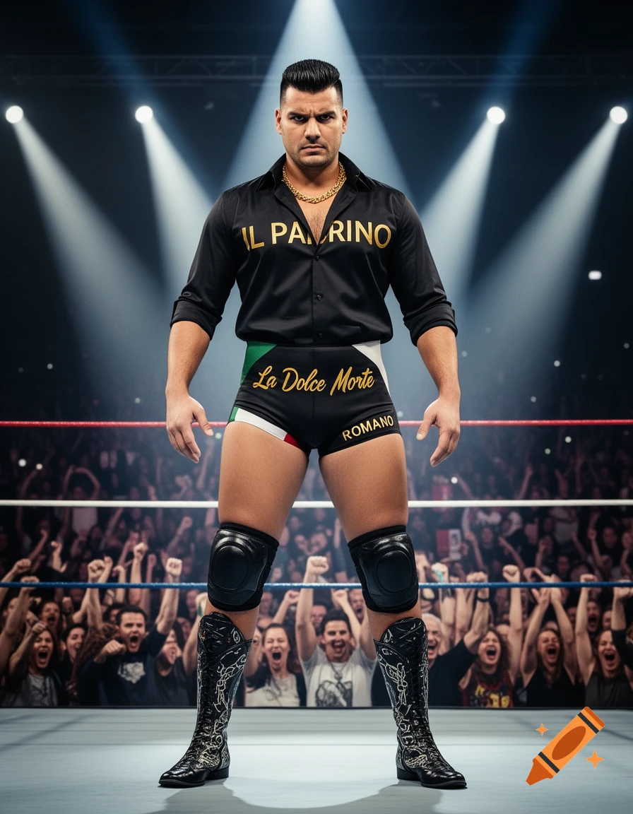 A muscled male wrestler in a black shirt and trunks, with text 'IL PADRINO', 'La Dolce Morte', and 'ROMANO', stands in a wrestling ring before a crowd.