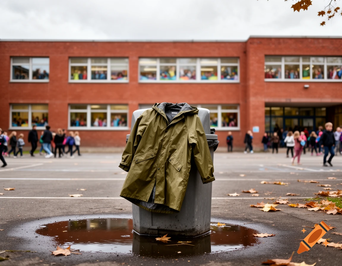 A photorealistic image of a khaki raincoat draped over a trash can in a schoolyard with children and autumn leaves.