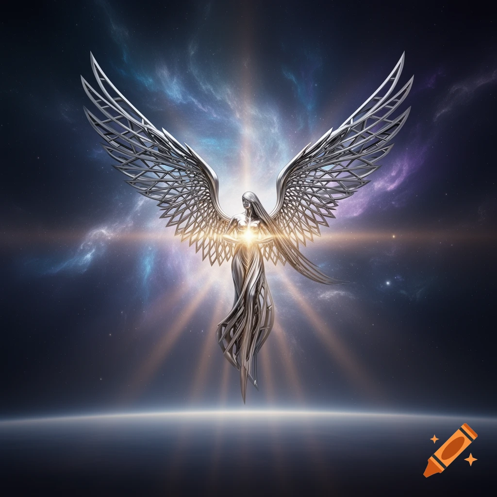 A metallic, abstract angel with large, geometric wings glows from its chest, floating above a planet's horizon against a cosmic nebula background.