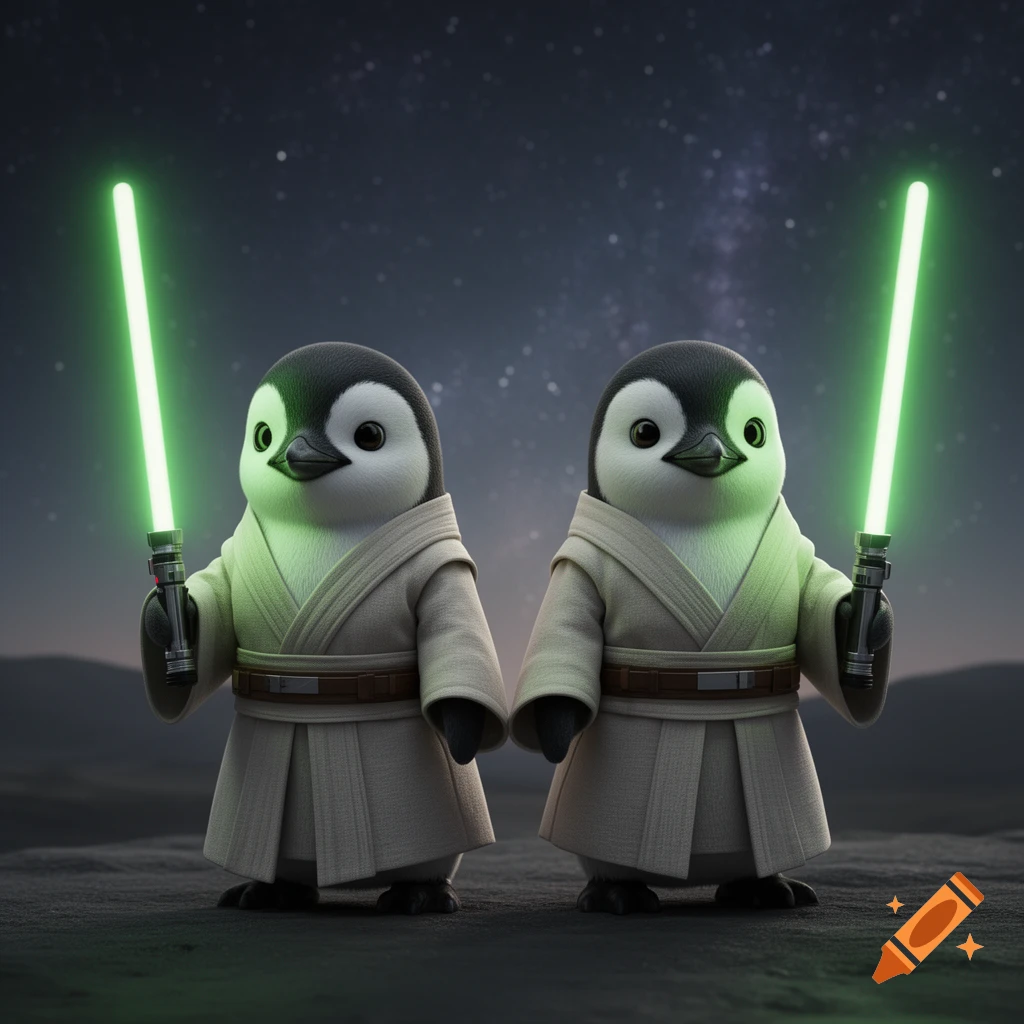 Two cute Humboldt penguins dressed as Jedi monks, holding glowing green lightsabers, standing side by side under a starry night sky.
