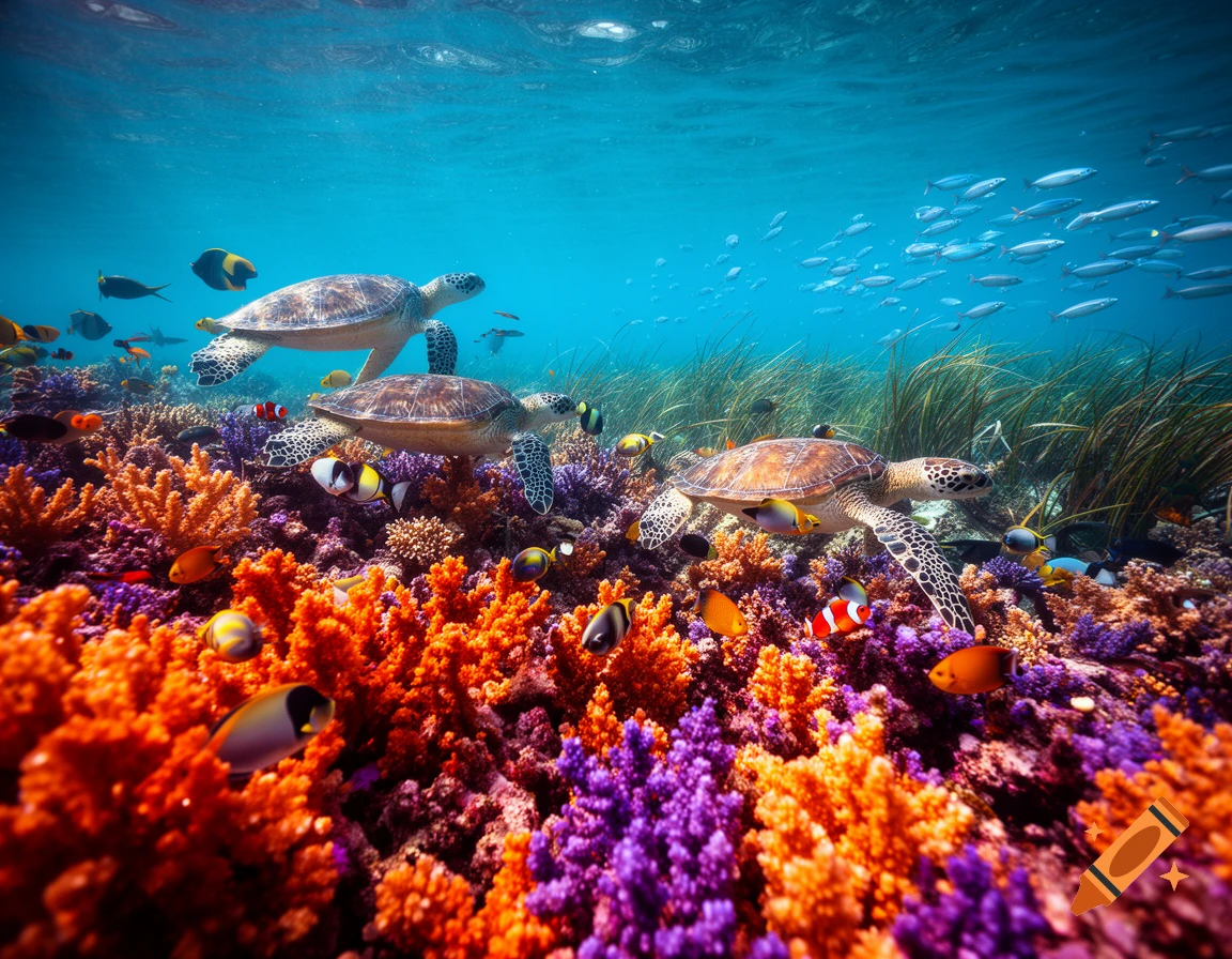 Two sea turtles swim above a vibrant coral reef teeming with colorful fish in clear blue ocean water, photorealistic.