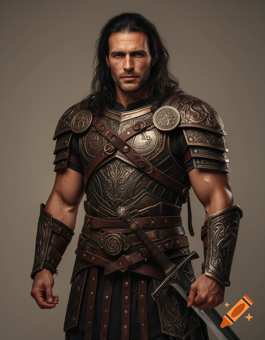 A photorealistic portrait of a dark-haired male warrior with a stern face, wearing ornate bronze and leather fantasy armor and holding a sword.