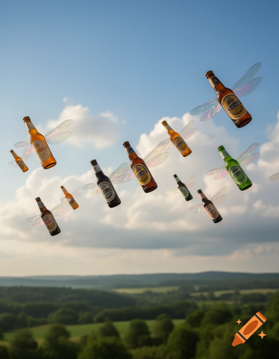 Flying beer bottles with delicate dragonfly wings soar through a blue sky with scattered clouds over a lush green landscape.